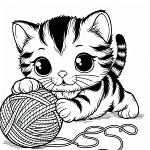 Omalovánka coloring page s roztomilým mačiatkom hrajúcim sa s klbkom priadze, vhodná na vyfarbenie a tlač.