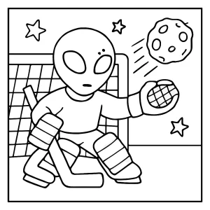 Alien goalie blocking asteroid shot omalovánka – coloring page na vyfarbenie pre deti