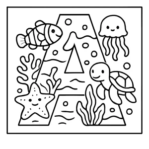 Písmeno A s podmorskými tvormi – omaľovánka, coloring page na vytlačenie