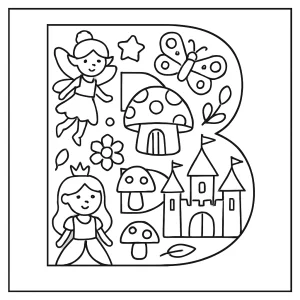 Omalovánka písmeno B plné rozprávkových ikon na vytlačenie – coloring page