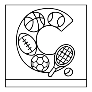 Omalovánka písmeno C plné športového vybavenia - coloring page na vytlačenie