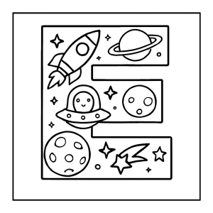 Omaľovánka písmeno E vyplnené vesmírnymi objektmi – coloring page pre deti na vytlačenie