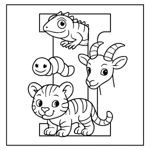 Omaľovánka písmeno I vyplnené maskotmi zvierat – coloring page na vytlačenie zdarma