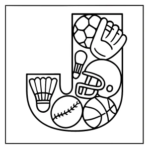 Omalovánka písmena J vyplneného športovým vybavením, coloring page na vytlačenie