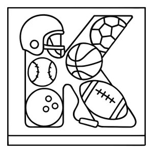 Omalovánka písmeno K vyplnené športovým vybavením – coloring page