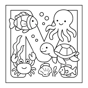 Omaľovánka písmeno M plné morských tvorov, coloring page na tlač