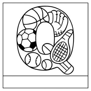 Omaľovánka písmeno Q plné športového vybavenia na vyfarbenie, coloring page pre deti
