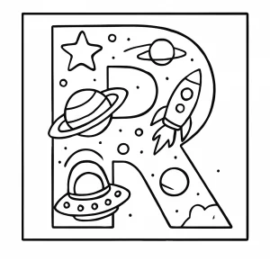 Omaľovánka písmeno R s vesmírnymi objektmi – coloring page na vytlačenie