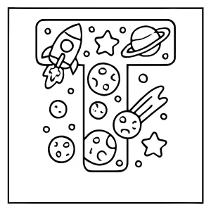 Omaľovánka písmeno T s vesmírnymi objektmi, coloring page na vytlačenie