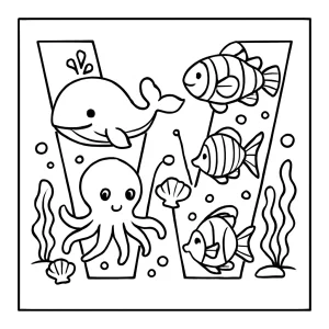 Omalovánka písmeno W s podmorskými živočíchmi - coloring page pre deti na vytlačenie