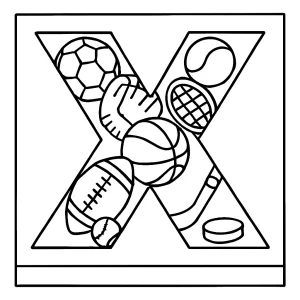 Omalovánka písmena X vyplneného športovým vybavením na vyfarbenie - coloring page