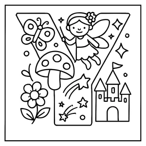 Omalovánka písmeno Y plné rozprávkových ikon - coloring page na vyfarbenie pre deti