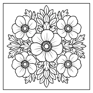 Mandala s anemónami – omalovánka na vyfarbenie pre deti a dospelých