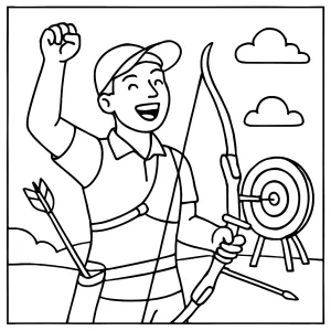 Omalovánka športovca lukostrelca oslavujúceho víťazstvo - coloring page na vyfarbenie pre deti