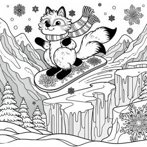 Omalovánka arktickej líšky na snowboarde, jazdiacej po snehu a ľadovcoch - coloring page pre deti