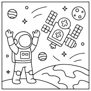 Omaľovánka astronaut oslavuje orbitálnu nemocnicu, zdarma na vytlačenie