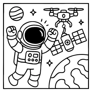 Astronaut a opravársky dron pri satelite – omaľovánka na vytlačenie pre deti
