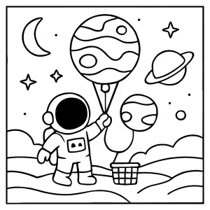 Astronaut objavuje exoplanétu v balóne – omaľovánka na vytlačenie pre deti