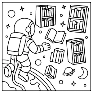 Kozmonaut objavuje plávajúcu knižnicu vo vesmíre – omalovánka, coloring page pre deti na vytlačenie