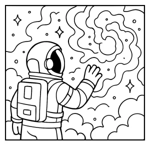 Astronaut objavuje hmlovinovú škôlku – omaľovánka na vytlačenie