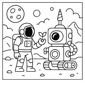 Astronaut objavuje terraformovací robot - omalovánka pre deti na vytlačenie, coloring page