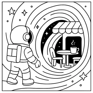Astronaut objavuje vesmírnu kaviareň červích dier – omalovánka na vytlačenie zdarma
