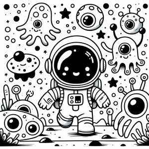 Omalovánka astronaut na mimozemskej planéte s priateľskými blob príšerkami, na vyfarbenie pre deti