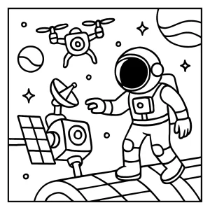 Vesmírna omalovánka – astronaut skúmajúci opravársky dron pri satelite, coloring page pre deti na vytlačenie