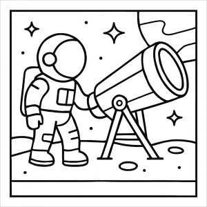 Omalovánka astronaut skúmajúci röntgenový teleskop – coloring page s vesmírnym motívom na vyfarbenie.