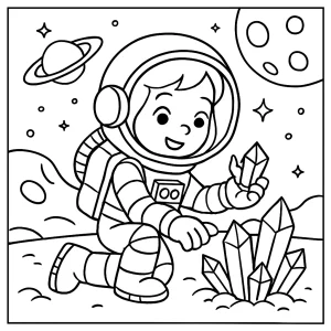 Omalovánka astronautka zbiera kryštály na vesmírnej planéte, omaľovánka na vytlačenie