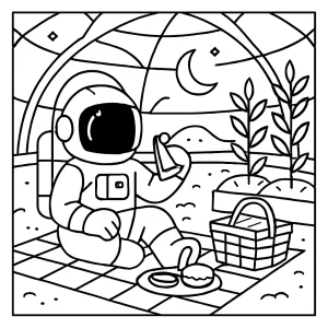 Astronaut na pikniku v lunárnom skleníku – omalovánka na vytlačenie