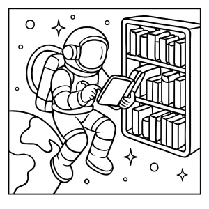 Astronaut v beztiažovej knižnici - omalovánka na vytlačenie, coloring page pre deti