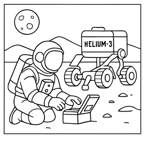 Astronaut s roverom pri ťažbe hélia-3 na Mesiaci – coloring page omalovánka pre deti na vytlačenie
