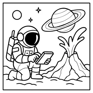 Astronaut skúma ľadovú sopku na Enceladuse - omalovánka na vytlačenie pre deti