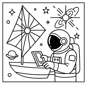 Omaľovánka astronaut na pulzárovej plachetnici na stiahnutie alebo tlač