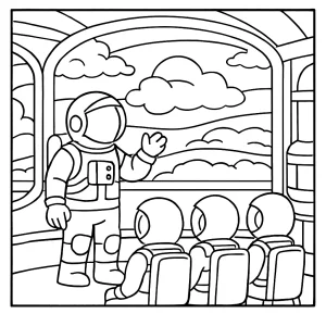 Kozmonauti trénujúci na základni v oblakoch Jupitera - omaľovánka na vytlačenie, coloring page