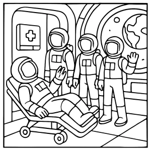 Omaľovánka astronauti trénujúci v orbitálnej nemocnici vo vesmíre
