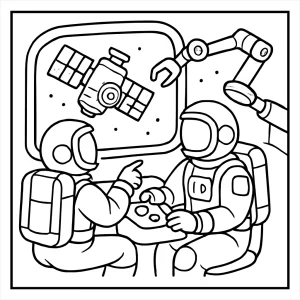 omalovánka s kozmonautmi trénujúcimi opravu satelitu dronom, coloring page pre deti