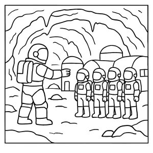 Astronauti trénujú v podzemnej kolónii v lávovom tuneli – omalovánka coloring page na vytlačenie