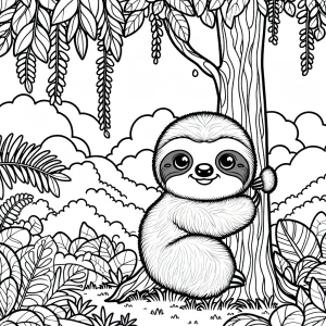 Omalovánka baby sloth hugging tree – rozkošné mláďa lenochoda objímajúce strom na vyfarbenie