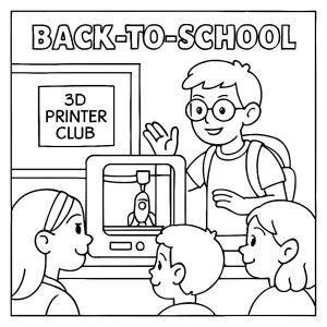 Omalovánka: školská scéna s deťmi na klube, kde predvádzajú 3D tlačiareň – coloring page na vyfarbenie