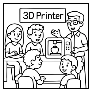 Omalovánka Klub 3D tlače: Návrat do školy – coloring page s deťmi pri demonštrácii 3D tlačiarne