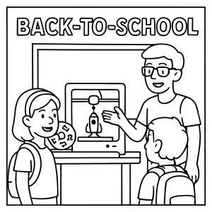 Omalovánka – coloring page s demonštráciou klubu 3D tlače v škole, deti sledujú tlačiareň