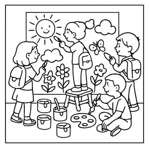Omaľovánka deti tvoriace školský mural – coloring page na vytlačenie zadarmo
