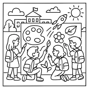Spoločná školská nástenná maľba - deti tvoria veľkú maľbu na stene v triede, omalovánka na vytlačenie - coloring page
