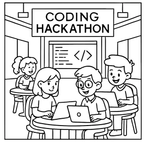 Coloring page s detským coding hackathonom – omalovánka aréna programovania zadarmo