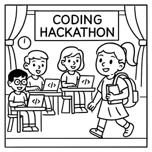 Hackathon omalovánka: školská scéna programovania – coloring page na vytlačenie