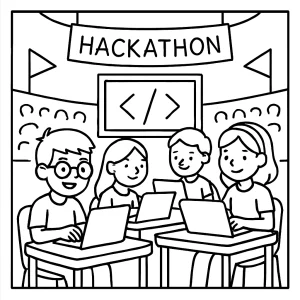 Omalovánka: scéna návratu do školy s kódovacím hackathonom, coloring page pre deti na vytlačenie