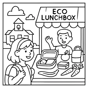 Ekologický školský trh s obedárikmi – omalovánka, coloring page pre deti na vyfarbenie