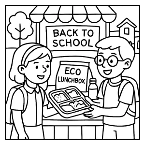 Omaľovánka - back-to-school eko lunchbox market coloring page s deťmi a zdravými desiatami